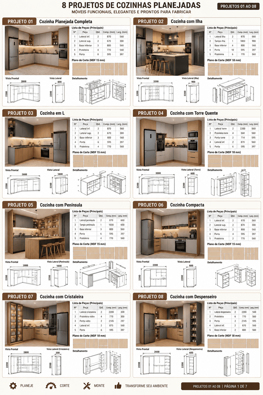 Página 1: 8 projetos de cozinhas planejadas — projetos 01 a 08