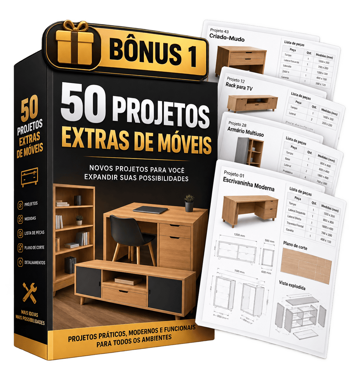 Mockup do Bônus 1: 50 Projetos Extras de Móveis