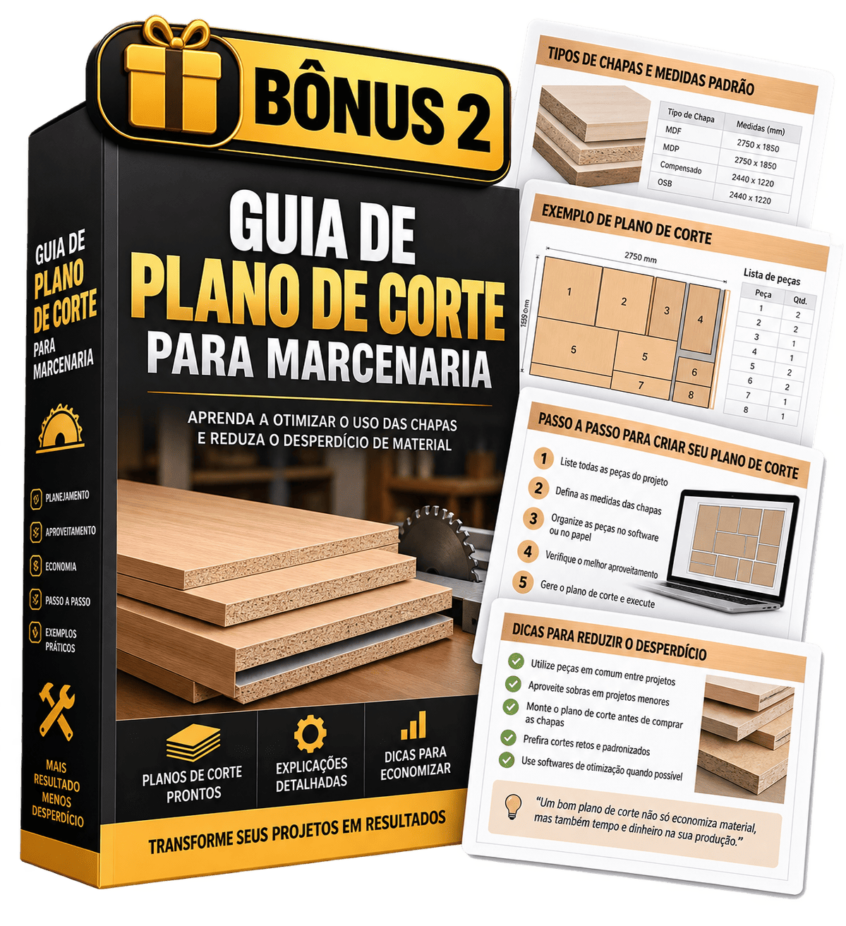 Mockup do Bônus 2: Guia de Plano de Corte para Marcenaria