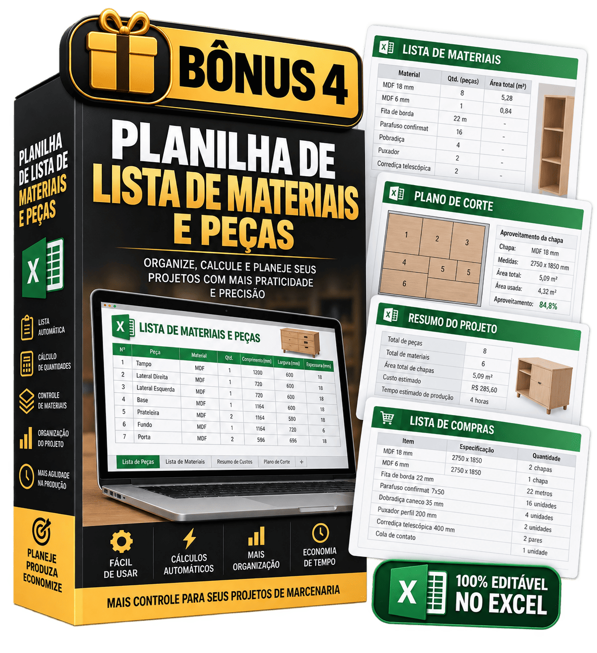 Mockup do Bônus 4: Planilha de Lista de Materiais e Peças