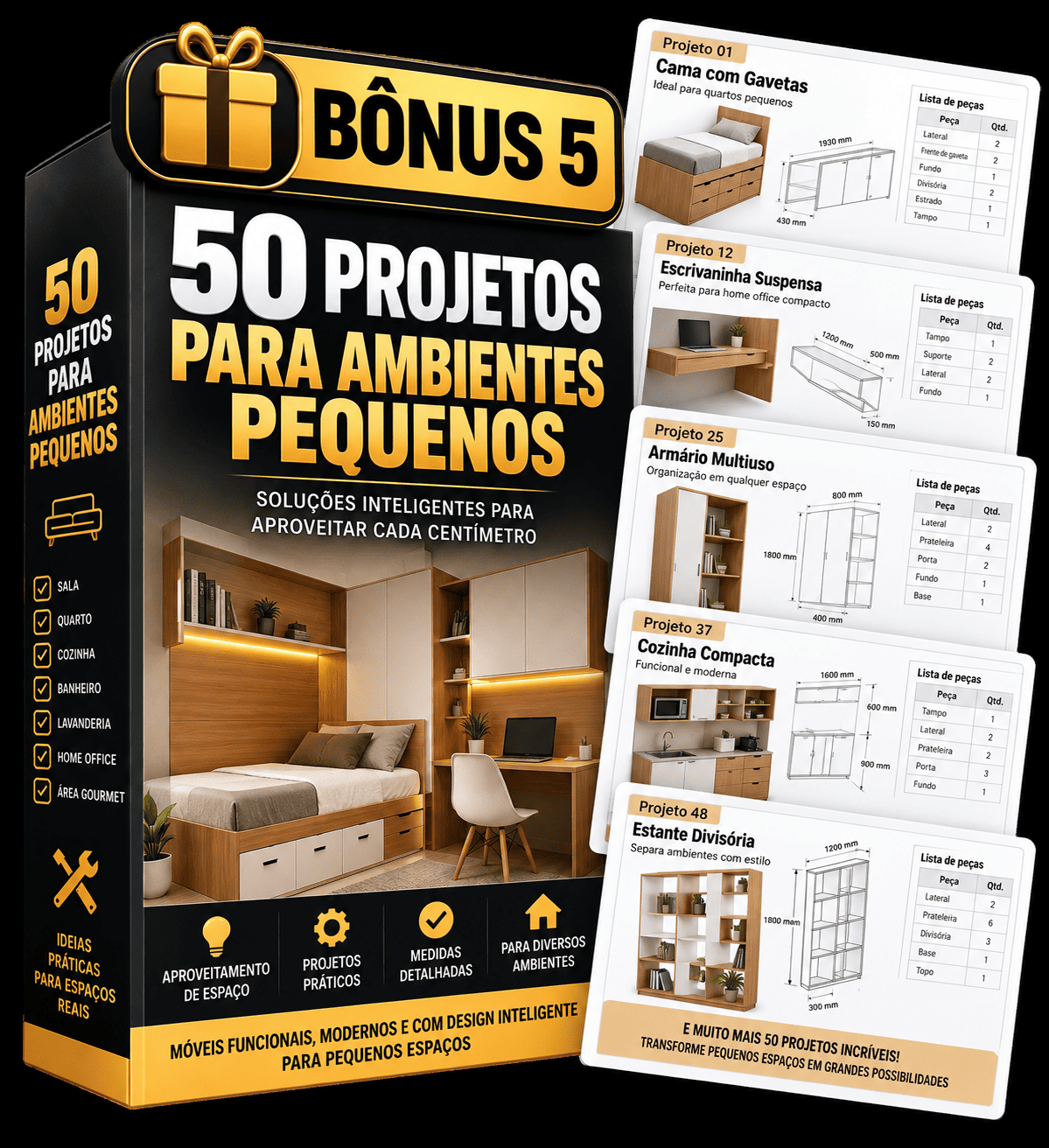 Mockup do Bônus 5: 50 Projetos para Ambientes Pequenos