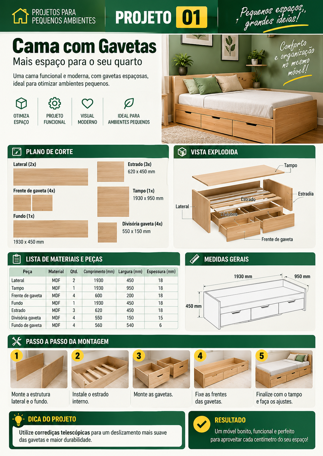 Projeto 01 do bônus de ambientes pequenos: cama com gavetas