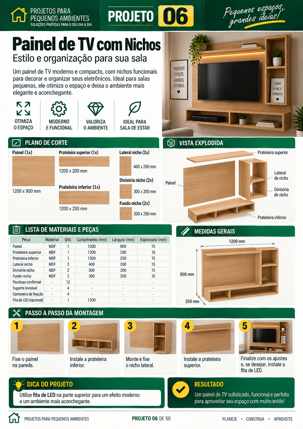 Projeto 06 do bônus de ambientes pequenos: painel de TV com nichos