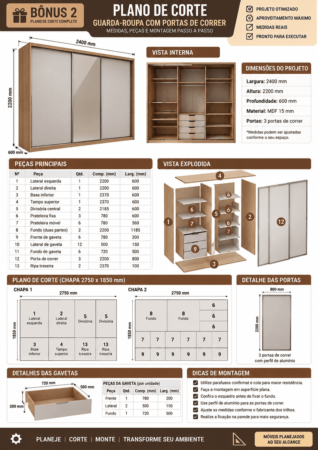 Plano de corte completo de guarda-roupa com portas de correr