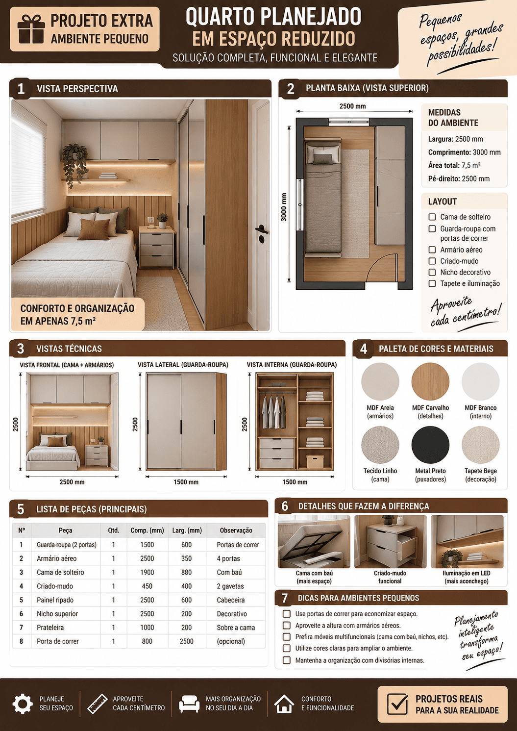 Quarto planejado em espaço reduzido com 7,5 m²
